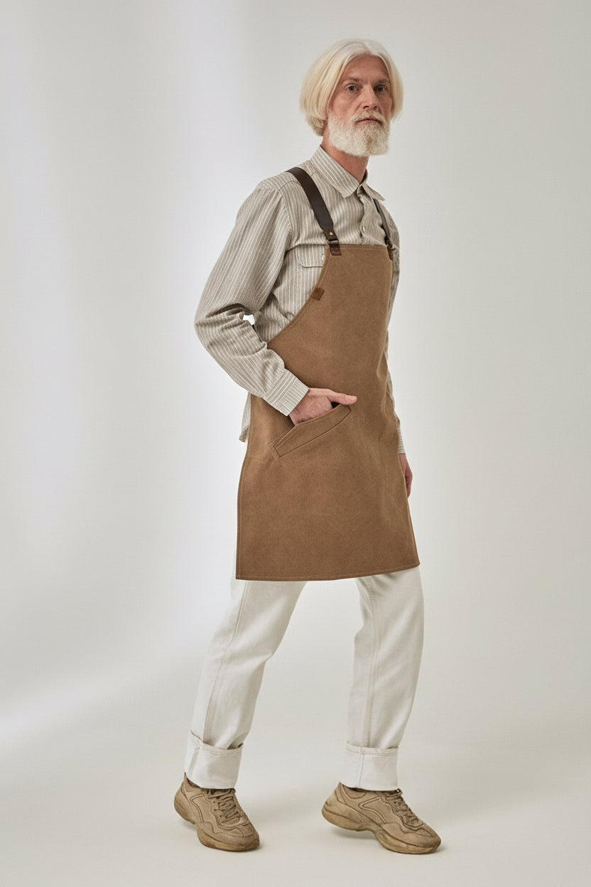 Man wearing a brown apron over a shirt with rolled-up sleeves on a white background